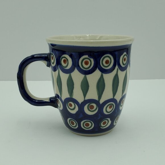 Polish Pottery Peacock Leaves Mug Peacock Blue Circles Green Stripes Mugs - Picture 1 of 7